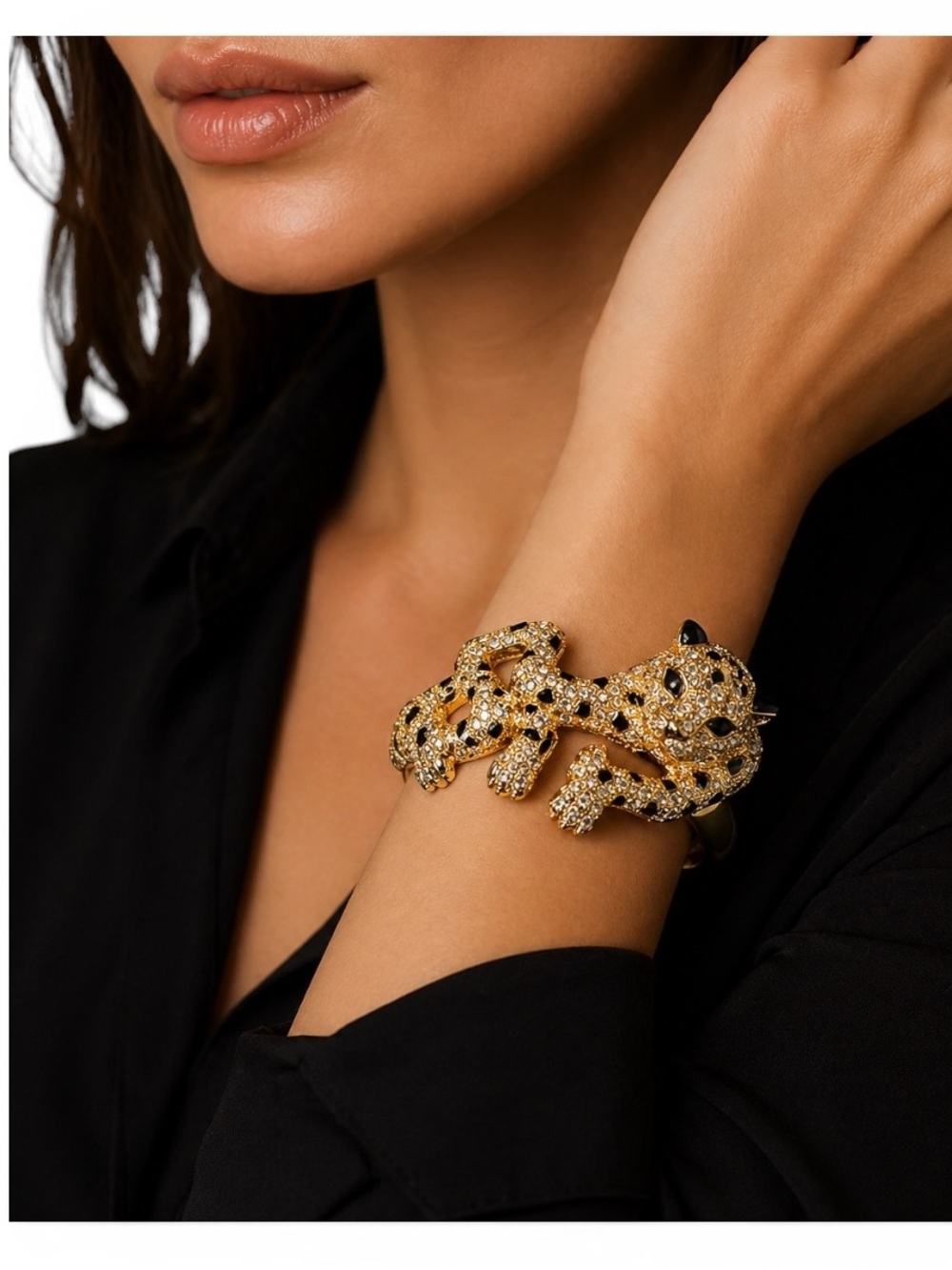 Vintage Leopard Panther Rhinestone Hinged Bangle Bracelet Gold Tone Black Enamel